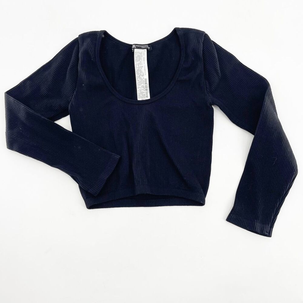 Zara Cropped Ribbed Long Sleeve Top Womens Size S Black Scoop Neck Pullover